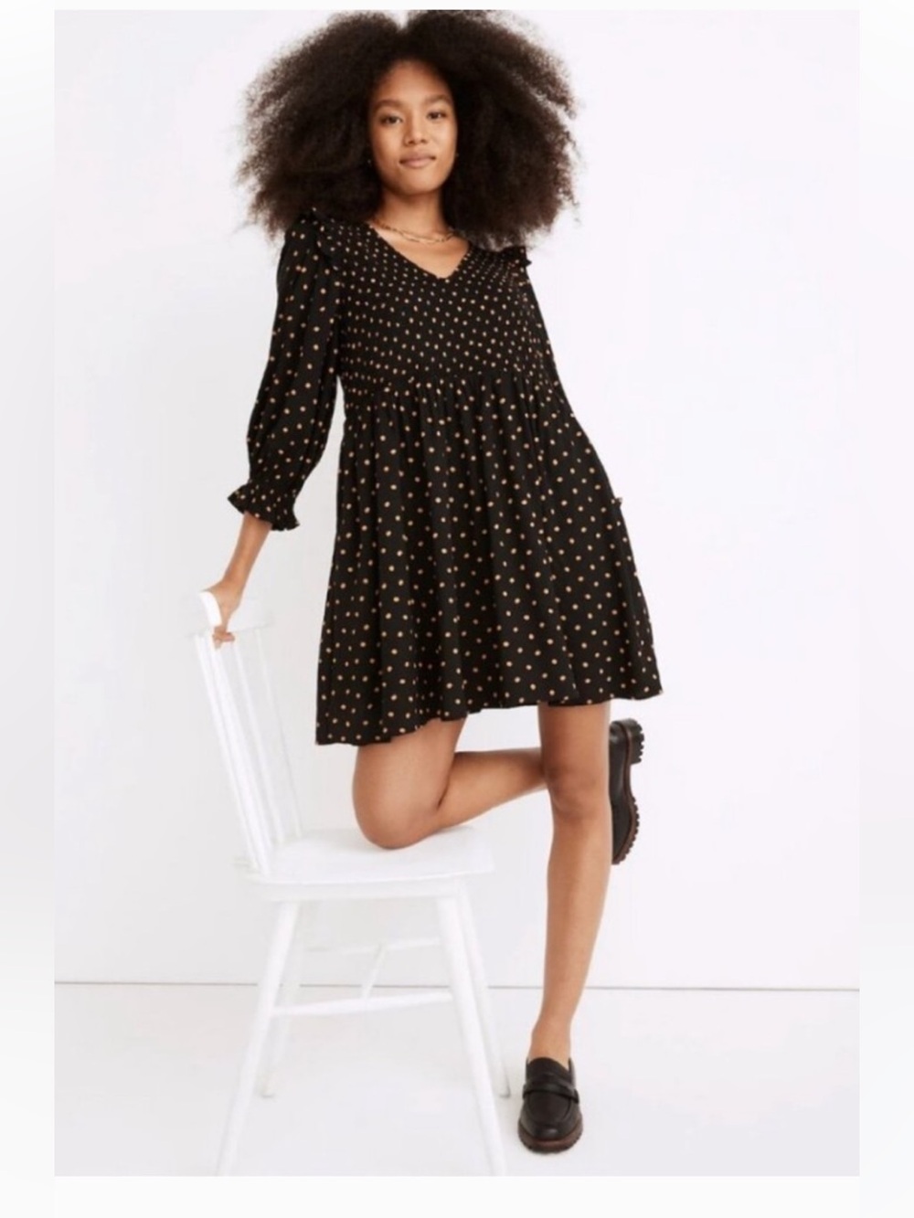 Madewell Lucie V Neck Smocked Mini in a Black and Gold Polka Dot Pattern M
